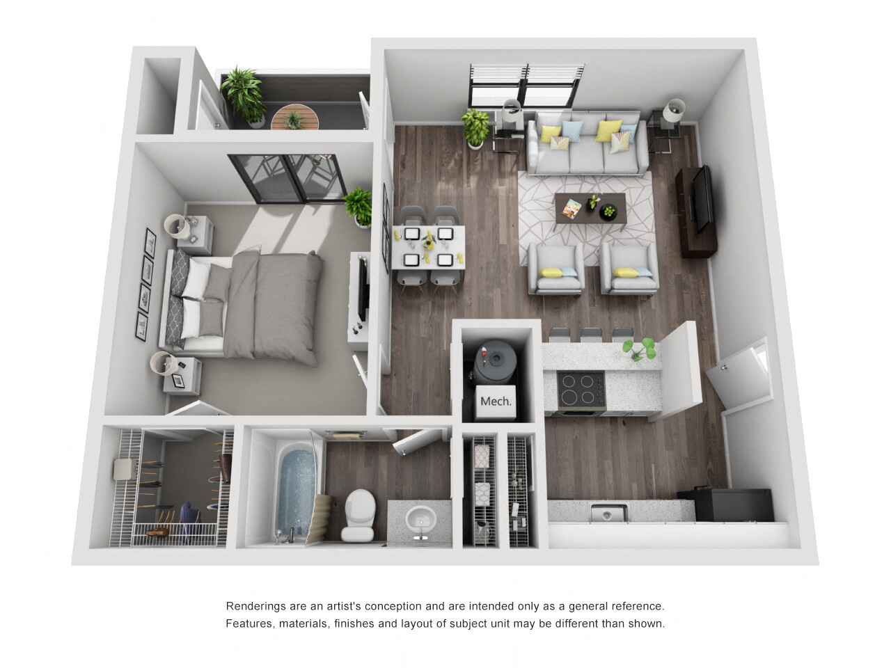 Floor plan for 1 bed, 1 bath, 610 sqft